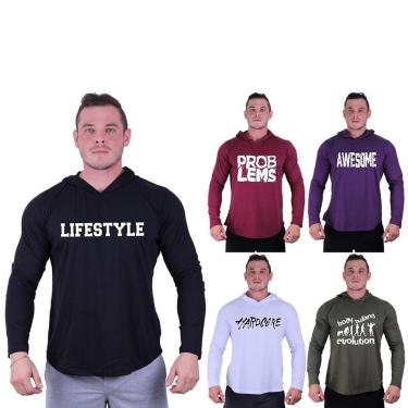 Imagem de Kit 5 Camisetas Manga Longa com Touca Longline Estampada Treino Academia Lazer Casual-Masculino