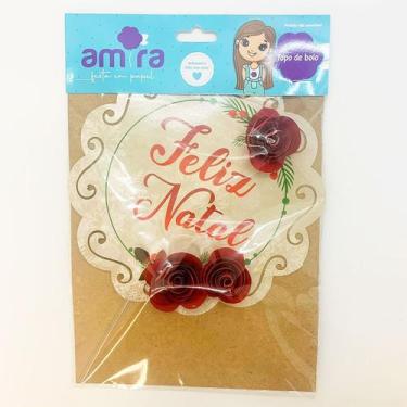 Imagem de Topo de Bolo "Feliz Natal" Com Rosas - 22cm - 1 unidade - Amora - Rizz