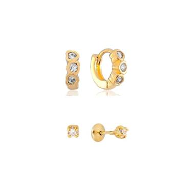 Imagem de Kit Brinco Infantil Bebê Recém Nascido Ponto De Luz E Argola Banhado à ouro 18k