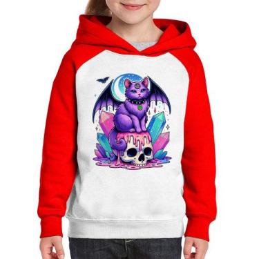 Imagem de Moletom Infantil Gato Gótico Arte - Foca na Moda, Branco, Vermelho, 12