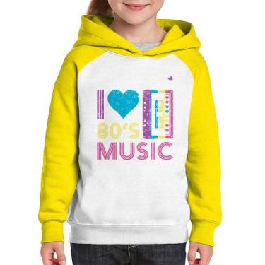 Imagem de Moletom Infantil I love 80's music - Foca na Moda, Branco, Amarelo, 8