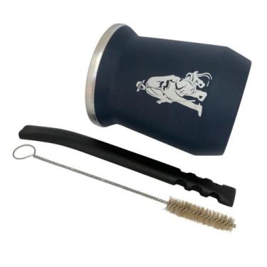 Imagem de Kit tereré cuia copo redondo 350ml alumínio parede dupla azul + bomba 