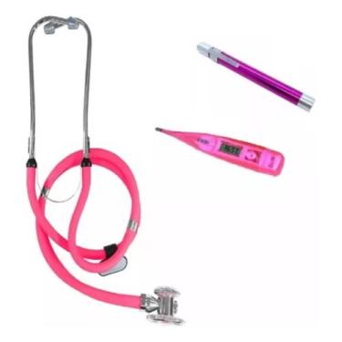 Imagem de Kit Esteto Duplo Rosa + Termometro Corporal Digital Rosa + Lanterna De