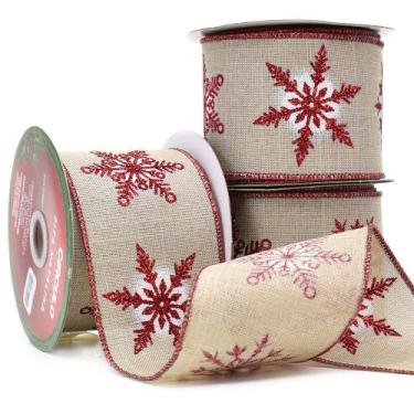 Imagem de Fita Natalina Aramada Flocos Vermelho Glitter 63,5mm com 10 Metros - C