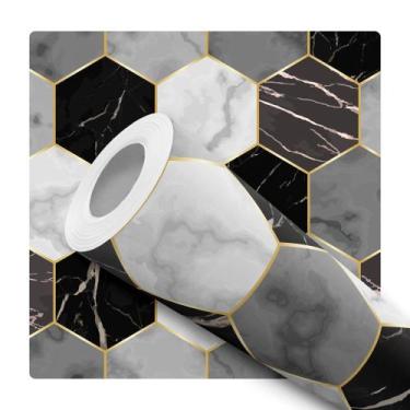 Imagem de Papel de Parede Adesivo Azulejo Hexágono Preto Cinza Dourado Cozinha B
