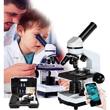 Imagem de Microscópios Biológicos Educacionais 40x-1600x, Sistema de Iluminação Dupla, Para Crianças Estudantes Adultos, Com Suporte para Telefone + 35 Amostras + Caixa Portátil