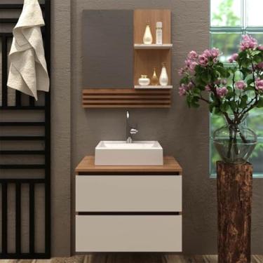 Imagem de Kit para Banheiro com Espelho e Pia Branco Amêndoa Mármore Branco Tecno Mobili