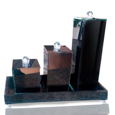 Imagem de Kit Lavabo Com Bandeja Vidro Luxo Trio Organizador Banheiro (Preto cristal)