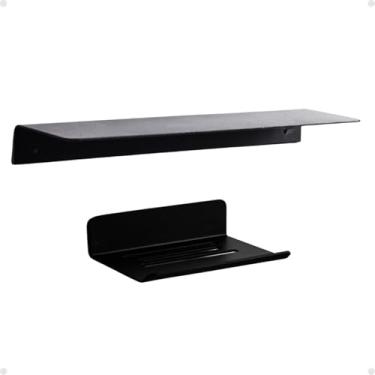 Imagem de Kit Saboneteira + Prateleira Porta Shampoo Condicionador Acessórios Metal Resistente a Umidade (Preto)