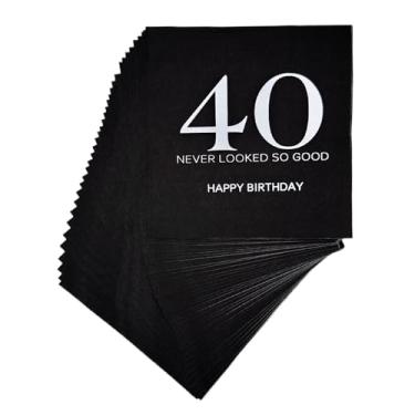 Imagem de Guardanapos descartáveis de feliz 40º aniversário preto e prata, decoração de festa de 40 anos, sobremesa, bebida, coquetel, bolo, guardanapos, 40 peças