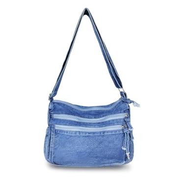 Imagem de AdiStylinno Bolsas jeans para mulheres, bolsa jeans de grande capacidade, bolsa de ombro retrô de lona, bolsa Hobo leve, bolsa tiracolo, Azul claro, 30 x 14 x 21 cm / 11.81 x 5.51 x 8.27 inches