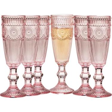 Imagem de XKXKKE 6 peças de taças de champanhe de vidro de 142 g, taças de vinho espumante de vidro colorido em relevo de flor vintage para champanhe, cava, prosecco, festa, casamento, bar, conjunto de 6 copos