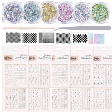 Imagem de Conjunto de 7 peças de adesivos para olhos, joias faciais, escamas de sereia, estêncil com glitter, pincéis de maquiagem, conjunto de pinças curvadas para festa de baile de sereia