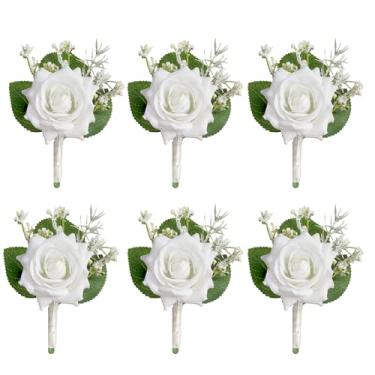 Imagem de ANNKIN Boutonniere rosa branca para homens, casamento, conjunto de 6, flores de casamento com alfinetes para noivo e padrinho de casamento, cerimônia de casamento, festa de formatura
