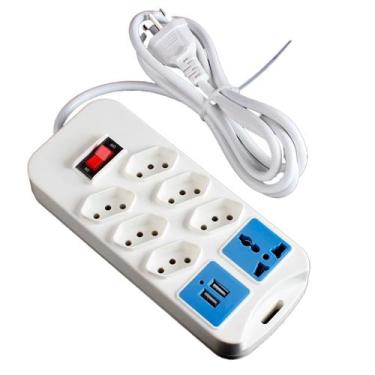 Imagem de Régua Tomada com 7 Entradas 2 Saídas USB Branco 110v/220v - BIVOLT