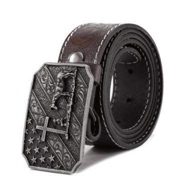 Imagem de Cinto Masculino Couro Fivela Cruz Trabalhada Estilo Country de Estrela