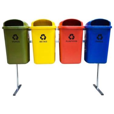 Imagem de Conjunto com 4 lixeiras 50 litros coleta seletiva com suporte em aço c
