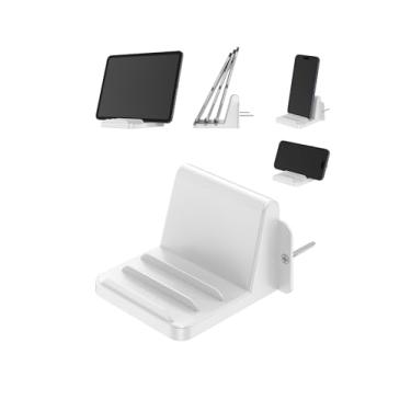 Imagem de TYAMTOGSM Suporte de telefone de parede para iPhone e Android, suporte de telefone de banheiro compatível com tablet, iPad, Kindle, três compartimentos para ajustar o ângulo (branco)