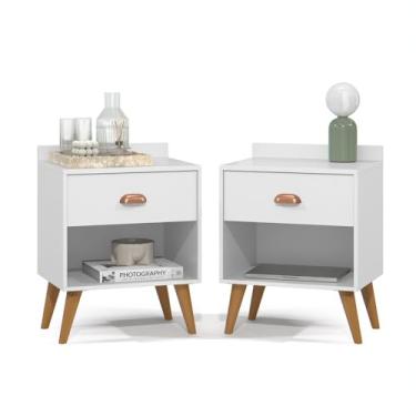 Imagem de Kit 2 Mesa de Cabeceira Quarto Mesinha Apoio Lateral Cama Box Casal Estilo Decoração Retrô Pérola 1 Gaveta Branco