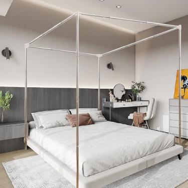 Imagem de Estrutura de cama de dossel de aço inoxidável, tamanho solteiro, postes robustos, moldura de dossel para cama de metal, decoração de quarto de madeira