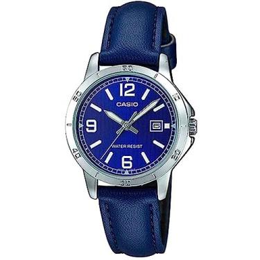 Imagem de Casio LTP-V004L-2B Relógio social analógico feminino com pulseira de couro azul e mostrador azul