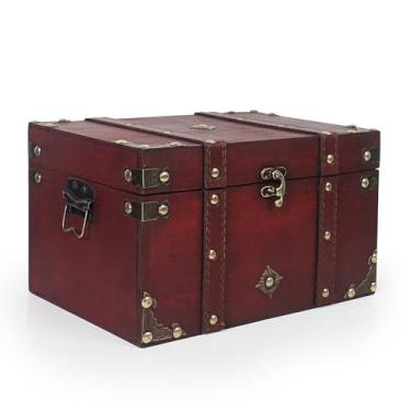 Imagem de DreamsEden Pequena caixa de tesouro de madeira com tampas, baú de armazenamento decorativo vintage caixas de lembrança de porta-malas de madeira retrô para presentes de decoração de casa