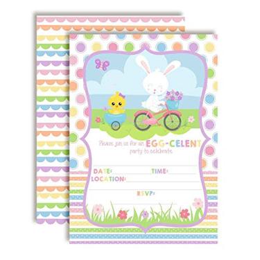 Imagem de Convites de festa temática de Páscoa Egg-celent, 20 cartões de preenchimento de 12 x 18 cm com vinte envelopes brancos da AmandaCreation