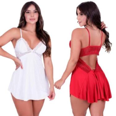 Imagem de Kit 2 Camisola Sensual Com Renda Feminina Decote Nas Costas Alças Ajus