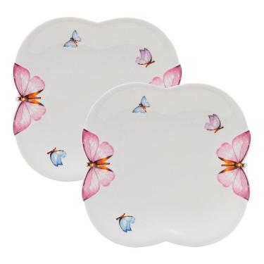 Imagem de Jogo 2 Prato De Sobremesa Borboletas 19cm Porcelana Branco Wolff