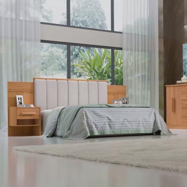 Imagem de Cabeceira Casal 140cm Ripada 100% Mdf Estofada Isis com 02 Mesas de Cabeceira Espresso Móveis