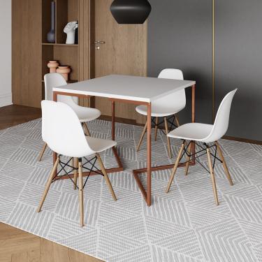 Imagem de Mesa Industrial Jantar Quadrada Branca 90x90cm Base Cobre V com 4 Cadeiras Eames Eiffel Brancas Made