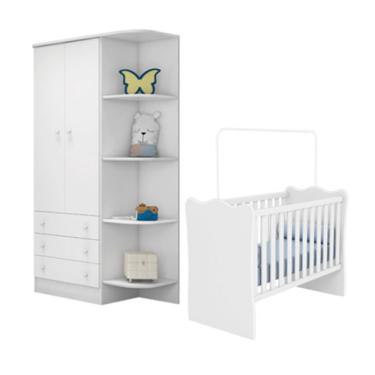 Imagem de Quarto de Bebê com Berço 1 sem Rodízios e Guarda Roupa 825 Linha Doce Sonho Branco Qmovi