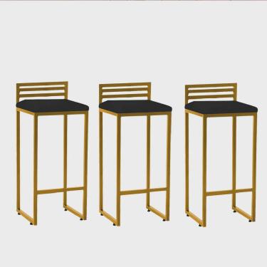 Imagem de Kit 03 Banqueta Alta Com Encosto Núria Balcão Bar Cozinha Bistrô Ferro Dourado Sintético Preto - Ahz Móveis