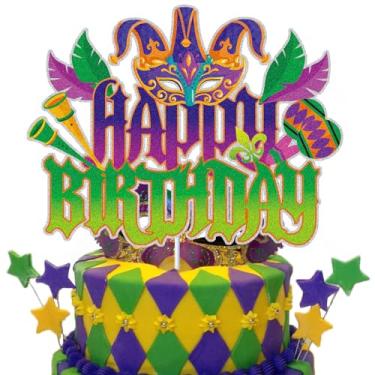 Imagem de Happy Birthday Cake Topper Green Purple Glitter Cake Decorations Masquerade Mask New Orleans Carnival Boys Girl Mardi Gras Party Themed Birthday Party Supplies