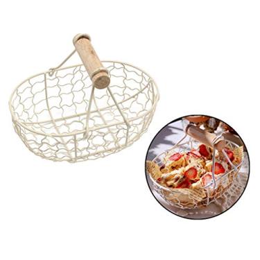 Imagem de Cesta de frutas com cabo de madeira retrô de metal portátil para armazenamento de ovos, frutas e vegetais, cesta de frutas