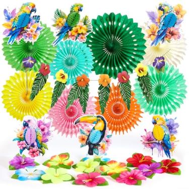 Imagem de PAPER JAZZ Decorações Para Festas De Hibisco Tucano Tropical, Suprimentos Com Tema Selva Havaiana, Margaritaville, Leque Papel, Enfeites Pendurados Em Amarelo E Rosa Festa Luau, Tiki.