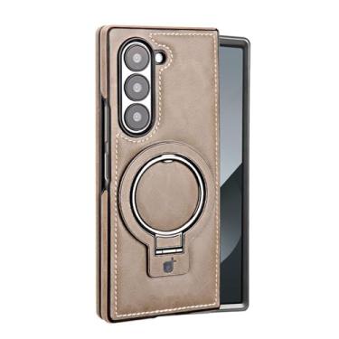 Imagem de MVVKKY Para Samsung Galaxy Z Fold6 Suporte de anel magnético Capa de couro Suporte de alumínio Carregamento sem fio Capa à prova de choque (para Samsung Galaxy Z Fold6/cinza)