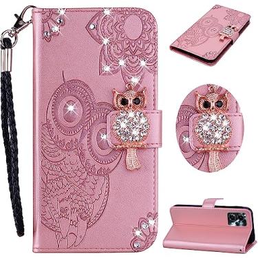 Imagem de Ephoou Capa flip feminina para Motorola Moto G13 com strass de coruja fofa com strass e compartimento para cartões, bolsos para dinheiro, capa para Motorola G13 MTY-ouro rosa
