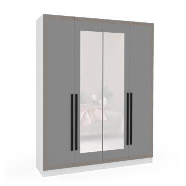 Imagem de Guarda-Roupa Casal com Espelho Valência 4 Portas 4 Gavetas Branco e Cinza
