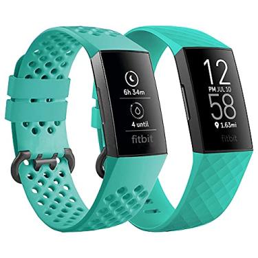Imagem de Qimela Pulseira de relógio de substituição compatível com Fitbit Charge 3/Fitbit Charge 4 pulseiras para mulheres, homens, silicone líquido pulseiras clássicas esportivas pacote com 2 (azul-petróleo, grande)
