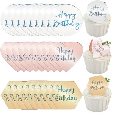 Imagem de SOFPLATE 1 caixa de 30 peças, 3 estilos, enfeite de cupcake de feliz aniversário, espelho acrílico, plástico, hexágono, ouro rosa, coração, prata, redondo, não comestível, decorações de bolo para