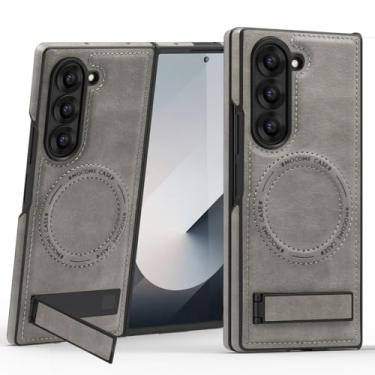 Imagem de MVVKKY Para Samsung Z Fold6 Capa de couro PU com ímãs e suporte magnético para câmera (para Samsung Z Fold6/cinza)