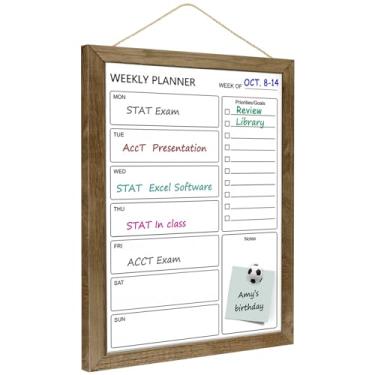 Imagem de Quadro branco apagável a seco e quadro de calendário semanal, quadro branco magnético para parede, quadro de mensagens emoldurado marrom rústico de madeira maciça de 33 cm x 43 cm, quadro planejador