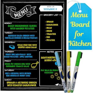 Imagem de Quadro de menu magnético para cozinha - Calendário de quadro-negro preto de 41 x 30 cm - Planejador semanal de refeições apagável a seco e lista de compras - com marcadores de giz neon vibrantes - Ímã