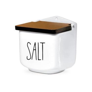 Imagem de Saleiro de Cerâmica Branco Decorado e Tampa de Madeira - Cerâmica Regi