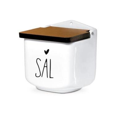 Imagem de Saleiro de Cerâmica Branco Decorado e Tampa de Madeira - Cerâmica Regi