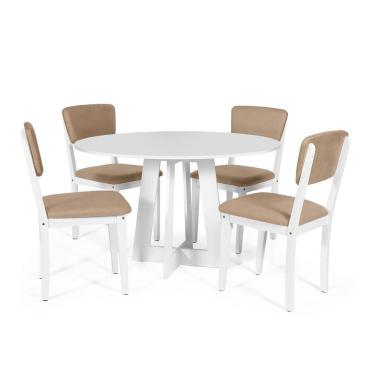 Imagem de Mesa De Jantar Redonda Montreal Branca Com 4 Cadeiras Estofadas Ella Branco/marrom Claro