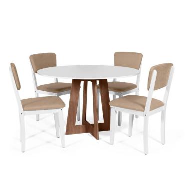Imagem de Mesa De Jantar Redonda Montreal Bran/nor Com 4 Cadeiras Estofadas Ella Branco/marrom Claro