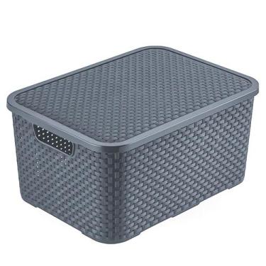 Imagem de Caixa Organizadora Rattan 18L Com Tampa Grafite Alças Laterais Funcion