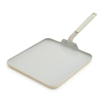 Imagem de GreenPan Frigideira quadrada antiaderente Bobby Flay de 28 cm, alça de silicone de cerâmica de diamante sem PFAS, frigideira segura para lava-louças e forno, creme